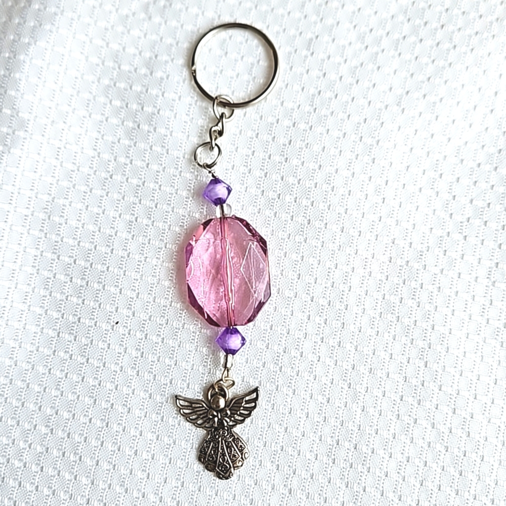 Hand Crafted Silver Angel Crystal Purple Beaded Keychain